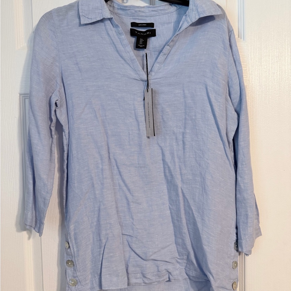 Tahari Sky Blue Linen Top
